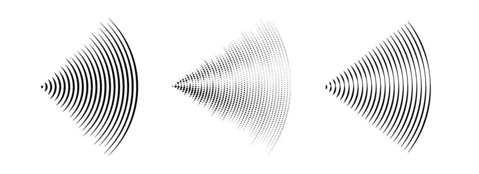 Dotted and linear sound wave signal set. Radial radio and music audio icon collection. Rippled radar vibration element sign bundle. Black curved impulse lines pack. Echo soundwave symbols. vector