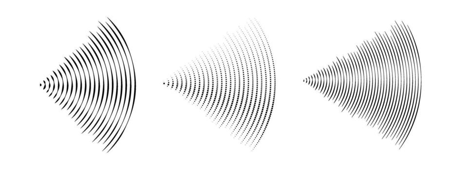 Dotted and line sound wave signal set. Radial radio and music audio icon collection. Rippled radar vibration element sign bundle. Black curved impulse lines pack. Echo soundwave symbols. vector