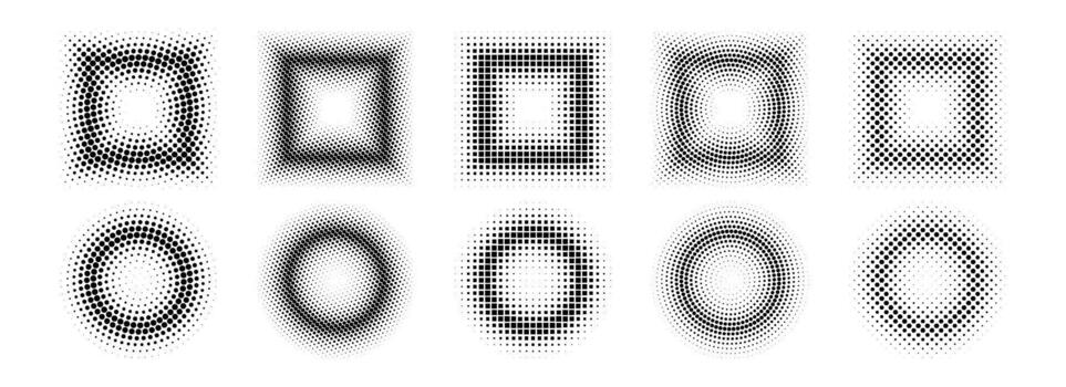 Halftone pixel frames set. Dotted textured round and square borders. Cartoon faded boarders collection. Comic bundle gradient shapes. Raster bitmap element pack for poster, collage, banner. vector