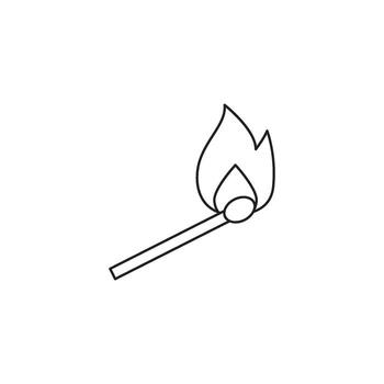 A simple black and white illustration of a lit matchstick creating a small flame vector