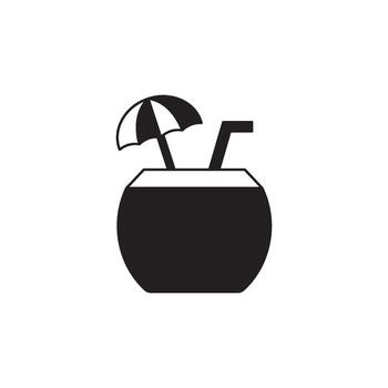 A Simple Black and White Icon of a Coconut Drink with an Umbrella and Straw, Representing Refreshment and Tropical Vibes vector