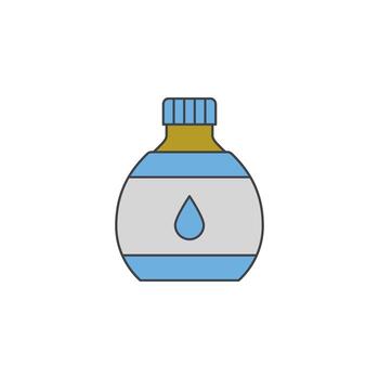 Illustration of a rounded bottle with a blue liquid and a drop symbol on a white background, representing a concept of hydration or liquid substance vector