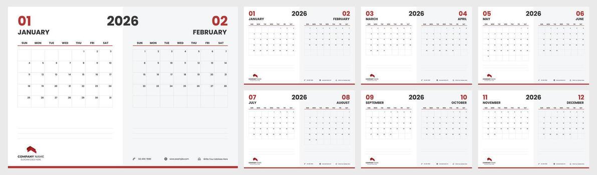 Monthly calendar template for 2026. Simple desk calendar layout for 2026. vector