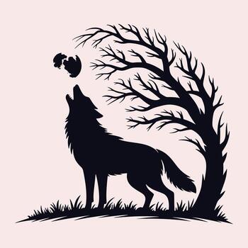 Black silhouette of a wolf howling at a textured moon under a bare tree on grass bare branches vector