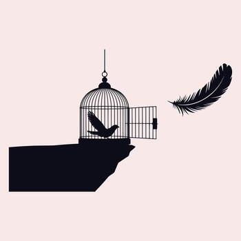 Black bird silhouette in open cage on cliff edge with feather floating away freedom escape vector