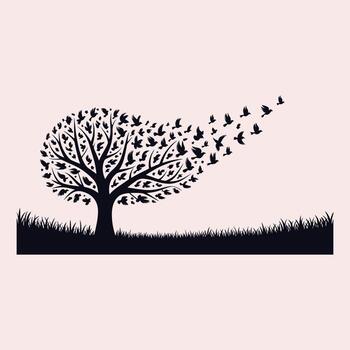 Silhouette of a tree with birds flying from its branches and a grassy foreground on a pale pink background vector