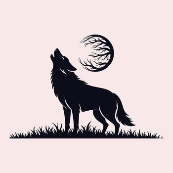 Black silhouette of a wolf howling at a stylized moon with tree branches on a pale pink background with grass vector