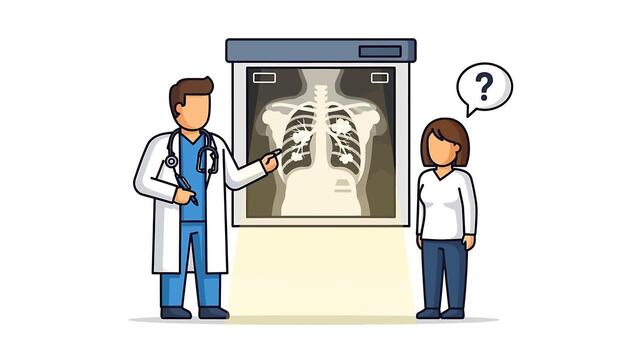 Doctor Explaining X-ray Results to Patient with Question Mark Symbol Overhead vector