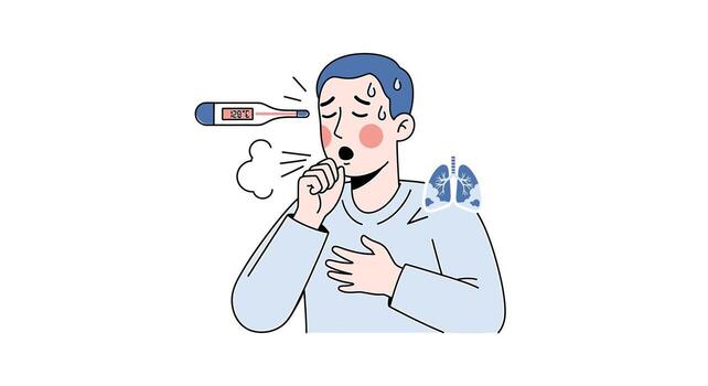 Illustration of a man coughing with a thermometer and lungs, symbolizing illness and respiratory problems vector