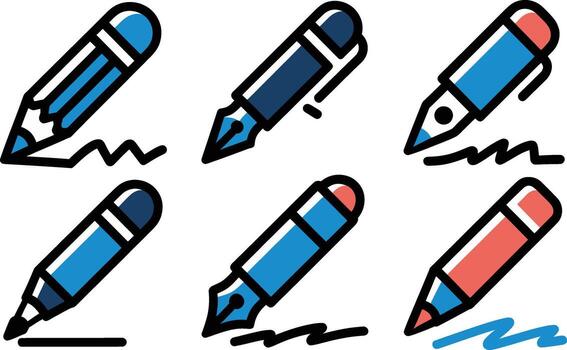 Collection of six hand drawn writing instruments with ink lines vector