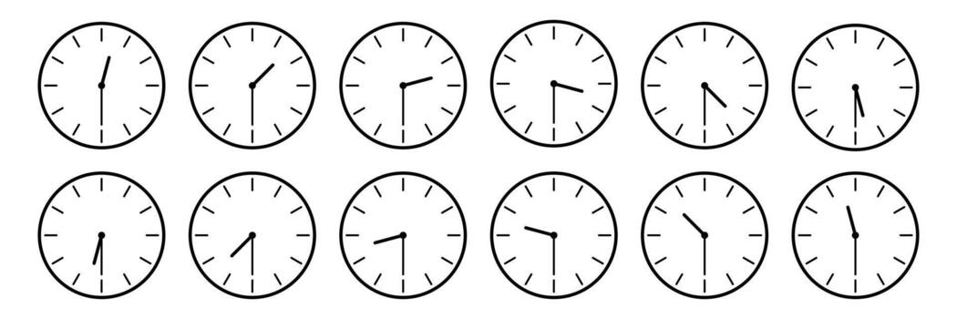 horizontal set of analog clock icon notifying each half an hour time isolated on white, illustration. vector