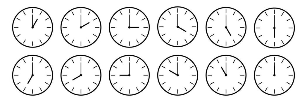 horizontal set of analog clock icon notifying each hour isolated on white, illustration. vector