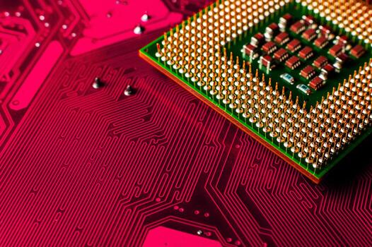 Macro photo of computer or laptop CPU microprocessor processor. Close-up of metallic pins and PCB of computer processor. Semiconductors, pins and connectors