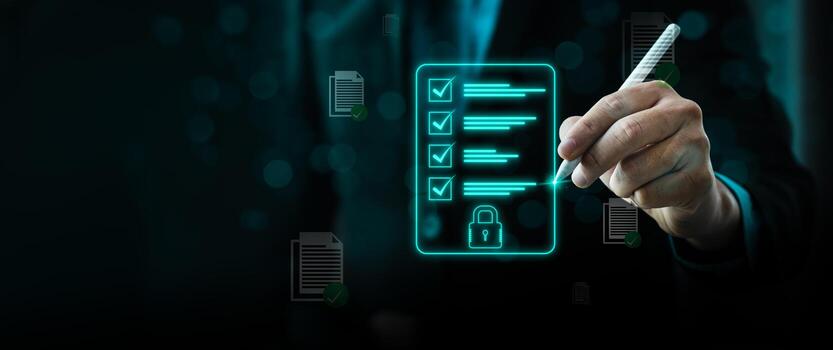 Cybersecurity compliance and digital data protection concept with businessman using stylus to complete checklist on hologram interface ensuring secure document management system photo