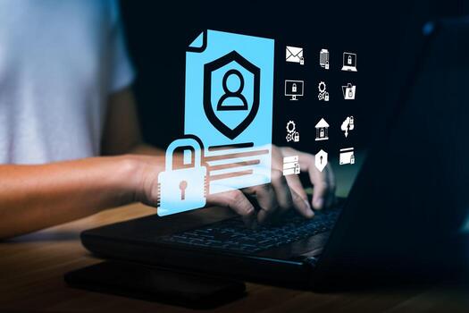 Cybersecurity and data privacy protection with user identity document icon, security lock, and digital information safety concept on laptop for internet security, GDPR, and personal data protection photo