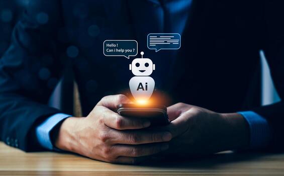 Artificial intelligence chatbot on smartphone screen with virtual assistant, AI customer support, business technology, digital communication, and automated online service concept photo