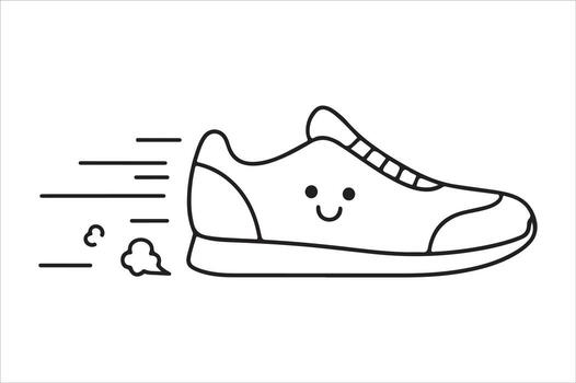 Cartoon running shoe with happy face speed lines silhouette on white background vector