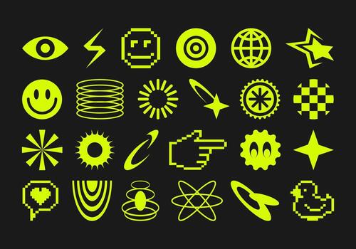 brillante y juguetón píxeles y2k pegatinas retro futurista diseño elementos en el espíritu de 90s estética. colección neón 8 bits iconos usuario interfaz. plantillas para notas, carteles, pancartas, pegatinas vector