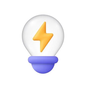 Light bulb with yellow lightning bolt inside. Electricity, energy, idea, innovation and power. 3d icon. Cartoon minimal style. vector