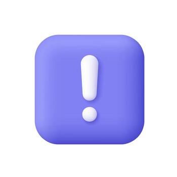 White exclamation sign on purple square app button. Alert, warning, caution and danger concept. 3d icon. Cartoon minimal style. vector