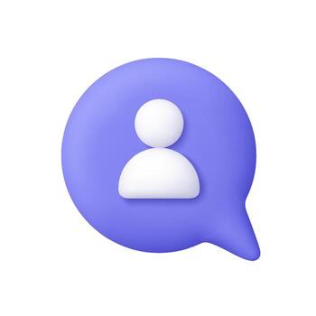 púrpura habla burbuja con blanco usuario icono. social medios de comunicación, comunicación, mensajería, cliente apoyo y en línea Interacción concepto. 3d icono. dibujos animados mínimo estilo. vector