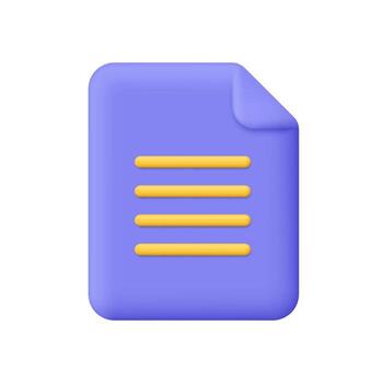 Purple document icon with folded corner and yellow text lines. Business, finance, education, office, digital document, text file and report concept. 3d icon. Cartoon minimal style. vector