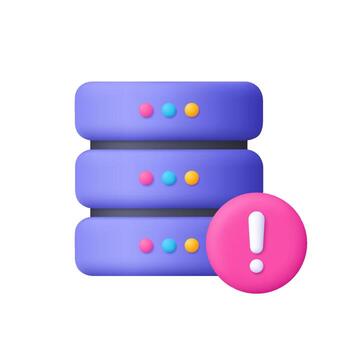 púrpura servidor estante con y exclamación marca advertencia símbolo. datos centro, servidor error, sistema falla, base de datos asunto, eso y la seguridad cibernética concepto. 3d icono. dibujos animados mínimo estilo. vector