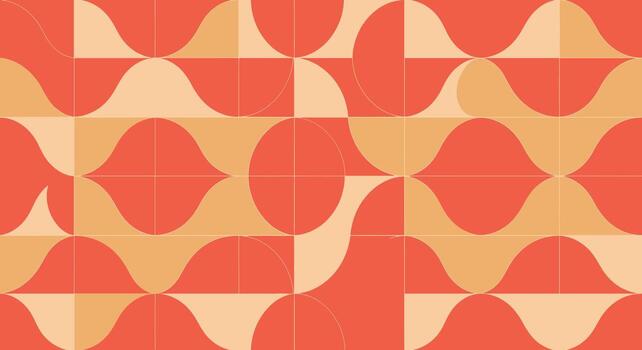 retro geométrico modelo con curvo formas y cuadrícula en calentar coral y melocotón tonos vector
