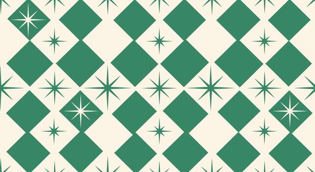 retro geométrico modelo con diamantes y estallidos de estrellas en verde y crema vector