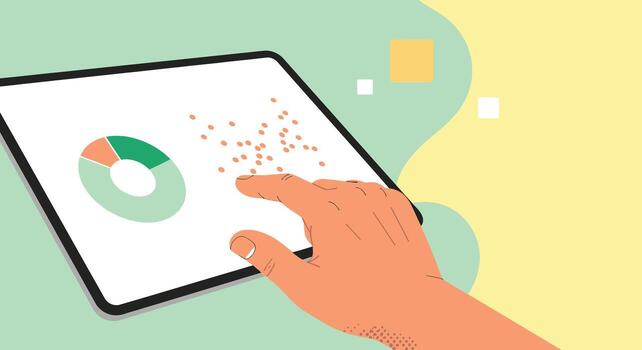 mano interactuando con un tableta mostrando un tarta gráfico y dispersión trama, representando datos análisis y digital Interacción vector