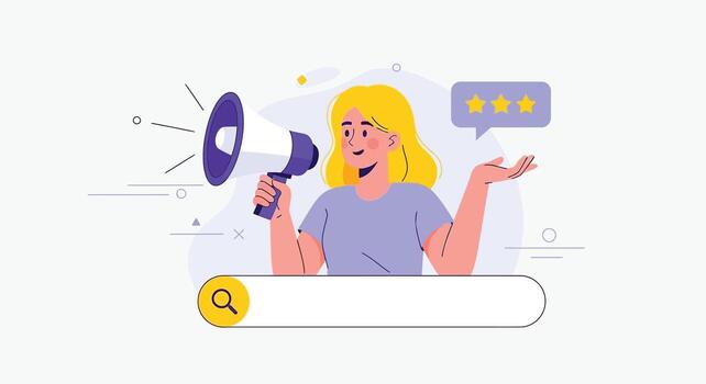 mujer con megáfono anunciando alguna cosa con un buscar bar y clasificación estrellas en vector