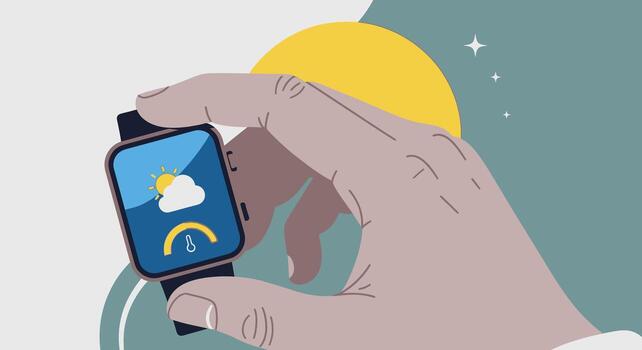 de cerca de un mano participación un reloj inteligente mostrando clima íconos y temperatura, indicando inteligente dispositivo funcionalidad vector