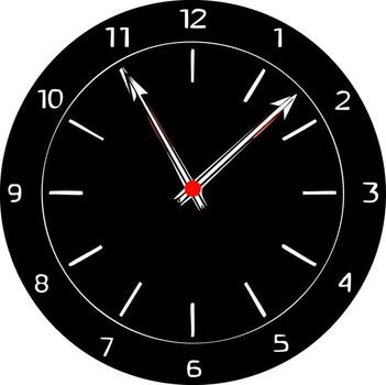 Black and white clock face with hands pointing to approximately 1 and 11 vector