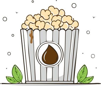 Cartoon illustration of popcorn in a paper striped container with a chocolate drop. vector