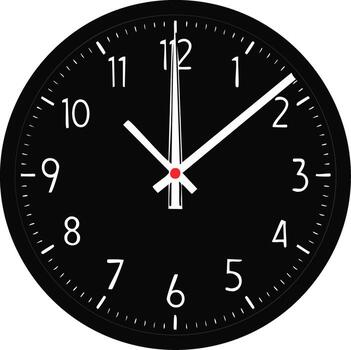 Sleek modern black analog wall clock with white hands and numbers displaying ten past ten time vector
