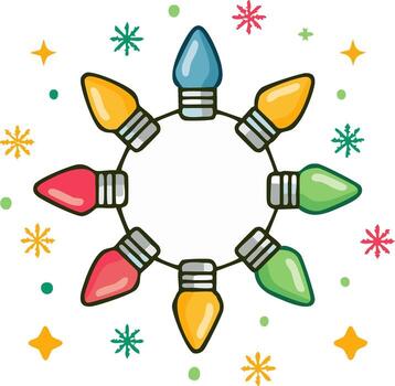 Bright festive string lights arranged in a circle with snowflakes and stars vector