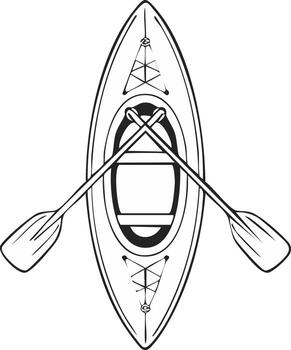 Top view of a kayak with paddle. Black and white line art. Kayaking symbol. vector
