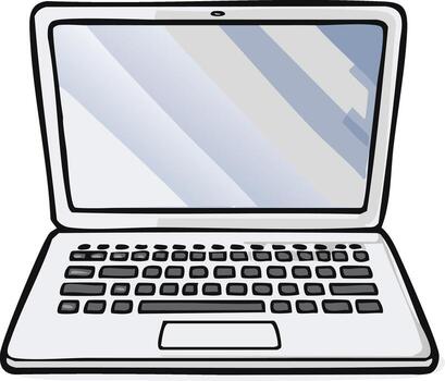 Modern open laptop with a reflective screen and a full keyboard, illustrated in a clean, simple style. vector
