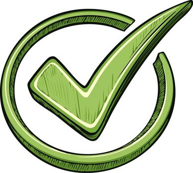 Green check mark symbol in circle, hand drawn style, acceptance and confirmation concept vector