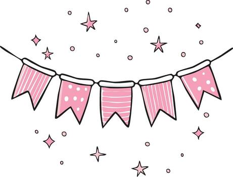 linda rosado bandera con rayas y polca puntos, aislado cuerda de fiesta banderas y estrella conformado papel picado vector