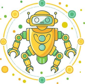 Cute yellow and green cartoon robot with four arms floating in an abstract digital environment vector