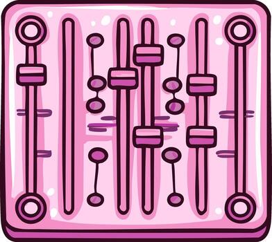 Fun pink audio mixing console illustration with equalizer sliders and round knobs for studio use vector