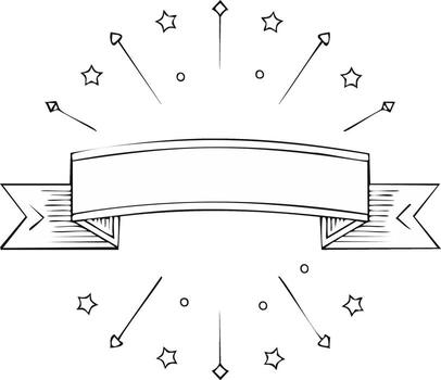 Drawn ribbon banner with stars and circles element design with burst lines blank for text vector