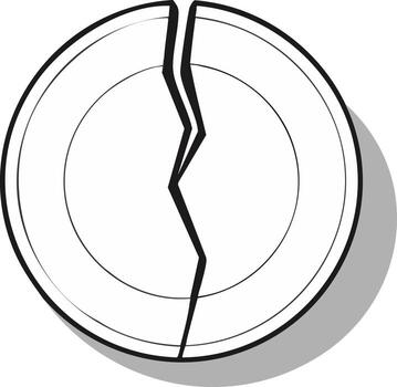 Broken white plate with a visible crack and shadow outlining a graphic illustration vector