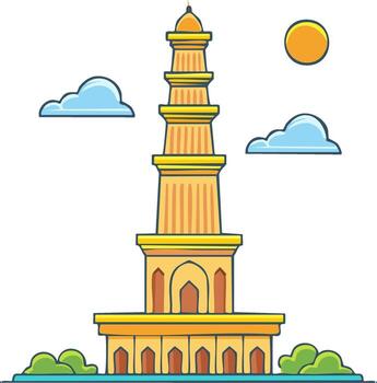 ilustración de un alto estilizado torre con nubes y sol, simbólico de arquitectura. vector