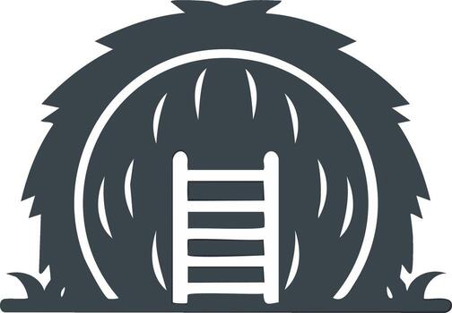 Rustic thatched hut with a ladder inside a forest scene silhouette vector