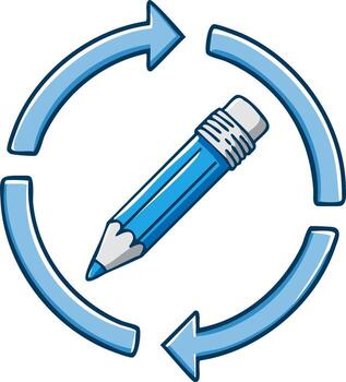 Blue pencil and circular arrows representing a continuous creative process or workflow vector