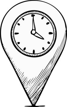 Map pin with a clock icon hand drawn sketch symbolizing time and location concept vector