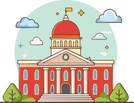 Colorful illustration of a building with a red dome, clouds, and trees vector
