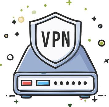 VPN shield protects network router doodle art with playful elements vector